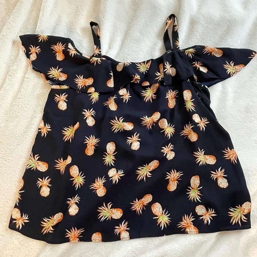 Sienna Sky | Navy Blue Pineapple Off the Shoulder Flutter Sleeve Blouse - Picture 6 of 6